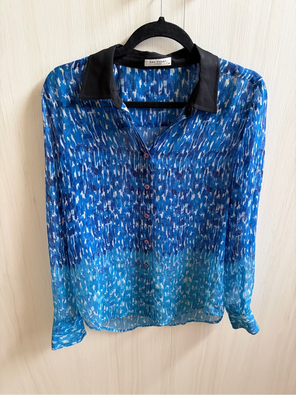 Equipment  Blue Printed Silk Blouse with Black Collar